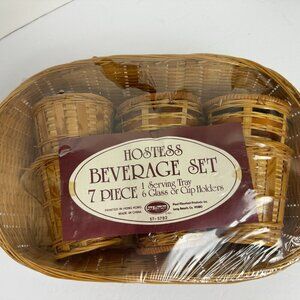 Vtg. 1983s Paul Marshall Wicker Cup Glass Holders [6] & Serving Tray New 7 Piece